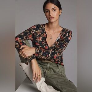 Anthropologie Pilcro Split-Neck Floral Top